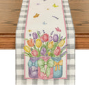Buffalo Plaid Vase Lavender Tulip Spring Table Runner, Seasonal Kitchen Dining Table Decoration for Home Party Decor 13x72 Inch