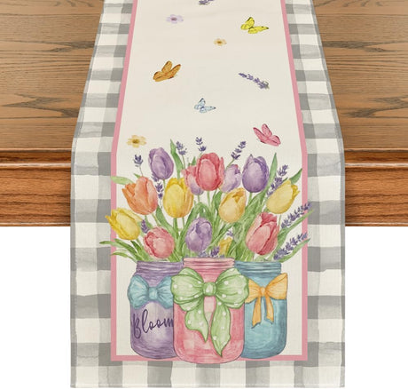 Buffalo Plaid Vase Lavender Tulip Spring Table Runner, Seasonal Kitchen Dining Table Decoration for Home Party Decor 13x72 Inch
