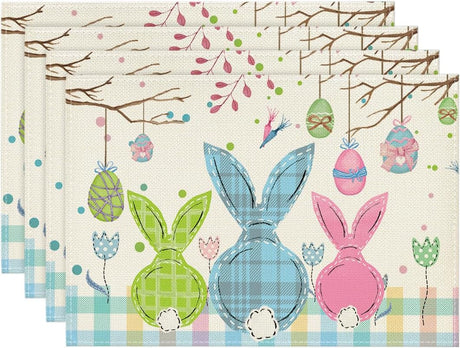 Buffalo Plaid Bunny Egg Carrot Easter Placemats Set of 4, 12x18 Inch Seasonal Spring Table Mats for Party Kitchen Dining Decoration