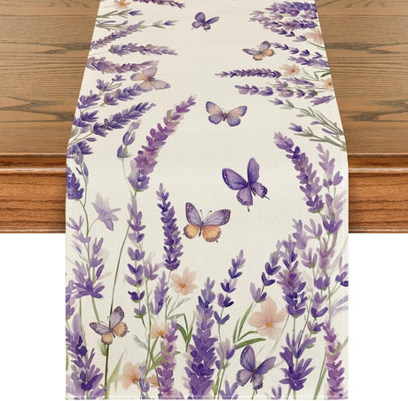 Purple Lavender Floral Butterflies Spring Table Runner, Seasonal Summer Kitchen Dining Table Decoration for Home Party Decor 13x72 Inch