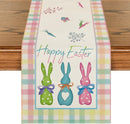 Green Blue Pink Buffalo Plaid Bunny Happy Easter Table Runner, Spring Kitchen Dining Table Decoration for Home Party Decor 13x72 Inch