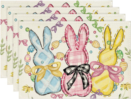 Bunny Rabbits Eggs Easter Placemats Set of 4, 12x18 Inch Floral Bow Seasonal Spring Holiday Table Mats for Party Kitchen Dining Decoration