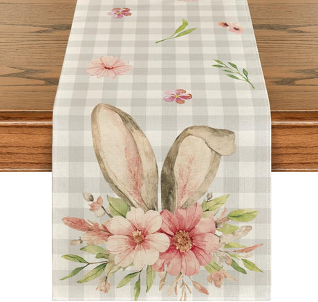 Buffalo Plaid Bunny Rabbit Ears Flower Easter Table Runner, Spring Summer Seasonal Holiday Kitchen Dining Table Decoration for Indoor Outdoor Home Party Decor 13 x 72 Inch