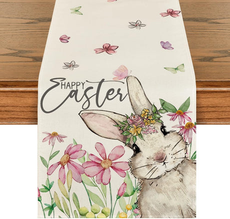 Daisy Bunny Rabbit Easter Table Runner, Seasonal Spring Kitchen Dining Table Decoration for Home Party Decor 13x72 Inch