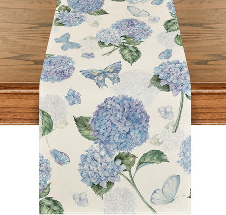 Hydrangea Butterfly Summer Table Runner, Seasonal Spring Holiday Kitchen Dining Table Decoration for Home Party Indoor 13x72 Inch