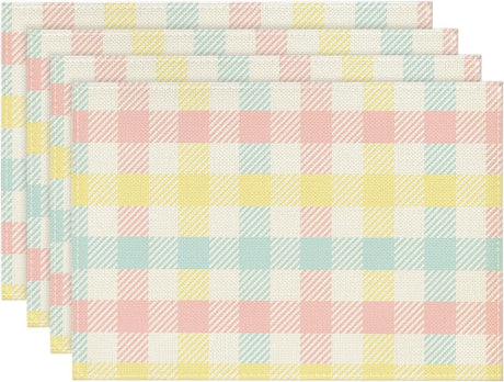 Blue Pink Yellow Buffalo Plaid Placemats Set of 4, 12x18 Inch Seasonal Easter Table Mats for Party Kitchen Dining Decoration
