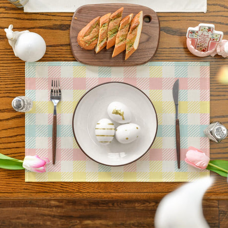 Blue Pink Yellow Buffalo Plaid Placemats Set of 4, 12x18 Inch Seasonal Easter Table Mats for Party Kitchen Dining Decoration