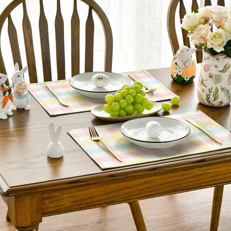 Blue Pink Yellow Buffalo Plaid Placemats Set of 4, 12x18 Inch Seasonal Easter Table Mats for Party Kitchen Dining Decoration