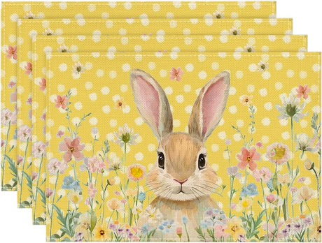 Yellow Bunny Polka Dot Easter Placemats Set of 4, 12x18 Inch Flower Seasonal Spring Holiday Table Mats for Party Kitchen Dining Decoration
