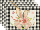 Buffalo Plaid Bunny Ear Foot Flower Easter Placemats Set of 4, 12x18 Inch Seasonal Spring Table Mats for Party Kitchen Dining Decoration