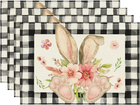 Buffalo Plaid Bunny Ear Foot Flower Easter Placemats Set of 4, 12x18 Inch Seasonal Spring Table Mats for Party Kitchen Dining Decoration