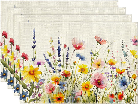 Daisy Lavender Floral Leaves Spring Placemats Set of 4,12x18 Inch Seasonal Spring Table Mats for Party Kitchen Dining Decoration