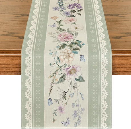 Green Printed Lace Floral 210 GSM Spring Table Runner, Seasonal Summer Kitchen Dining Table Decoration for Home Party Decor 13x72 Inch