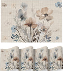 Brown Poppy Floral Vinyl Plastic Placemats Set of 4, Washable Non-Slip PVC Table Mats for Party Kitchen Dining Decor, 12x18 Inch