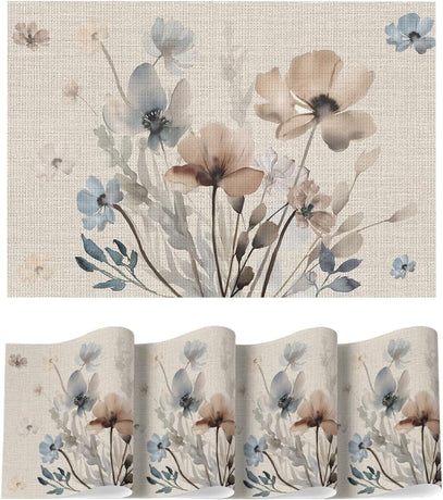 Brown Poppy Floral Vinyl Plastic Placemats Set of 4, Washable Non-Slip PVC Table Mats for Party Kitchen Dining Decor, 12x18 Inch