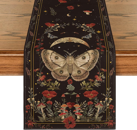 Poppy Moth Mushroom Moon Fall Table Runner, Seasonal Autumn Kitchen Dining Table Decoration for Home Party Decor 13x72 Inch