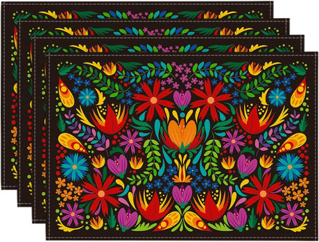 Mexican Cinco De Mayo Placemats for Dining Table, 12 x 18 Inch Floral Fiesta Dia De Los Muertos Decoration Washable Table Mats Set of 4