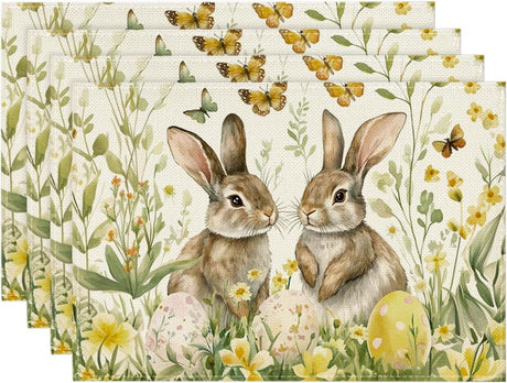Egg Bunny Rabbit Butterfly Floral Easter Placemats Set of 4, 12x18 Inch Spring Table Mats for Outdoor Home Party Kitchen Dining Decor