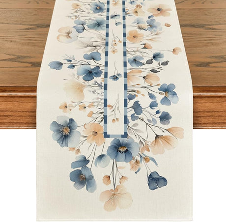Bloom Flowers Floral Weeds Spring Table Runner, Seasonal Summer Kitchen Dining Table Decoration for Home Party Decor 13x72 Inch