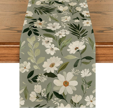Olive Green Daisy Flowers 210 GSM Spring Table Runner, Seasonal Summer Kitchen Dining Table Decoration for Home Party Decor 13x72 Inch