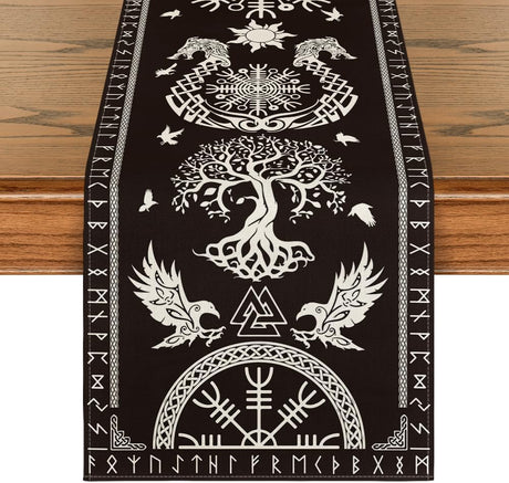 Black Viking Tree of Life Raven Helmet of Awe Table Runner, Seasonal Kitchen Dining Table Decoration for Home Party Decor 13x72 Inch