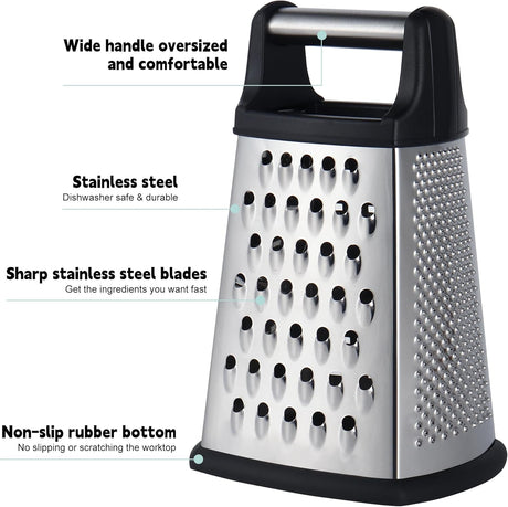Professional Cheese Grater, 4-Sided Stainless Steel Box Grater, Food Shredder for Cheese, Parmesan, Vegetable, Black