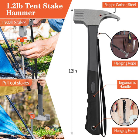 10 Pack 10in Heavy Duty Tent Stakes and Hammer Set, with Storage Pouch, for Outdoor Camping Tent, Tarp, Canopy, Picnic, Shade