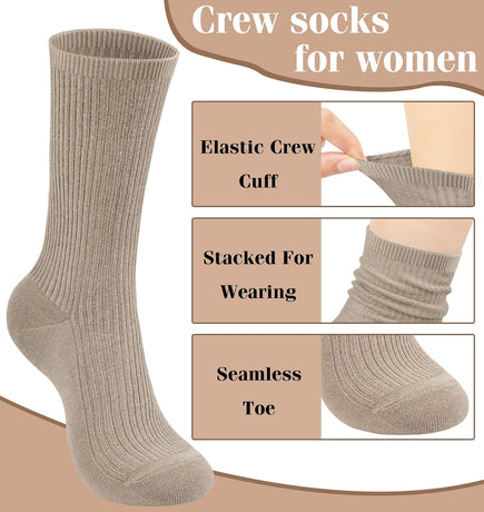 Women's Cotton Crew Socks 6 Pairs, Long Cute Aesthetic Neutral Athletic Boot Socks for Women Stocking Stuffers Gifts