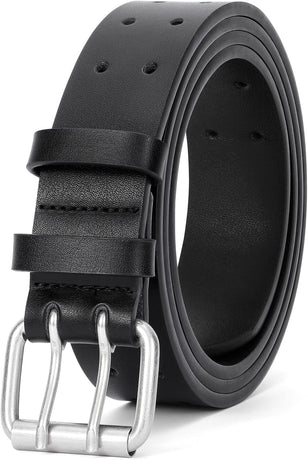 Men Double Prong PU Leather Belt Casual Work Heavy Duty Belt Double Grommet Holes Belt for Jeans