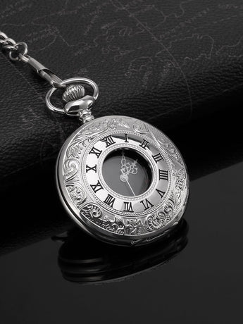 Vintage Pocket Watch Steel Men Watch with Chain (Silver)
