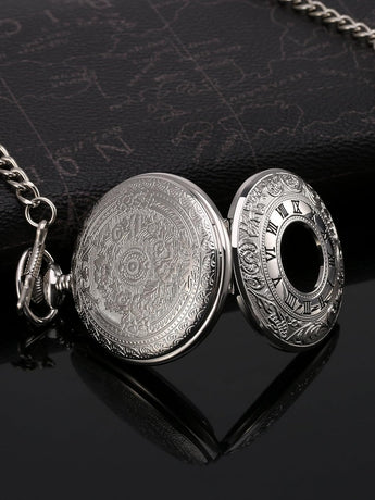 Vintage Pocket Watch Steel Men Watch with Chain (Silver)