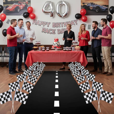 Race Car Party Decorations Racetrack Floor Runner 13 ft Road Track with 12 Checkered Racing Flags Birthday Party Supplies Racing Theme Entrance Decoration