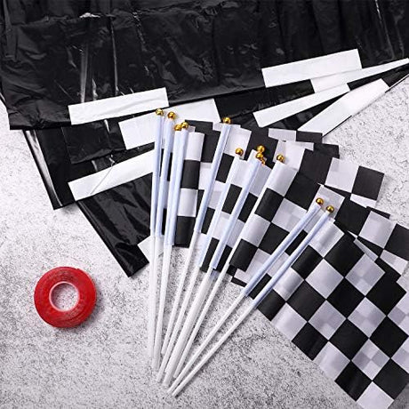 Race Car Party Decorations Racetrack Floor Runner 13 ft Road Track with 12 Checkered Racing Flags Birthday Party Supplies Racing Theme Entrance Decoration