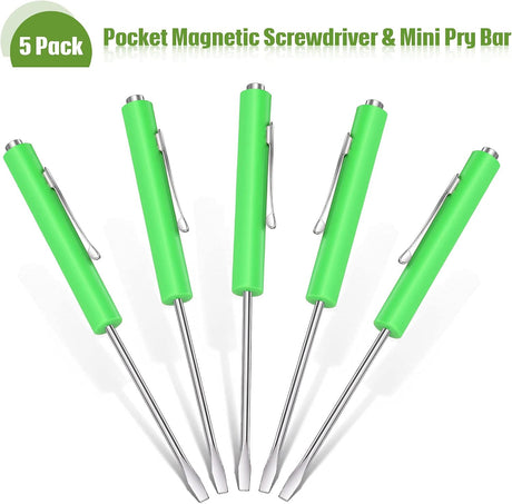 5 Pieces Magnetic Mini Pocket Screwdriver with Clip Small Flathead Head Screwdriver Tool Set for Home Office Gadgets Repair Tool Mechanics Electricians Technician(Green)