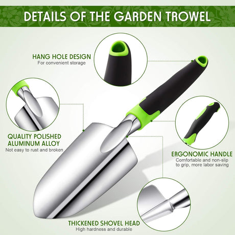 2 Pcs Garden Trowel Hand Shovel Tool Soil Scoop with Soft Rubberized Non Slip Handle Aluminum Alloy Potting Shovel for Digging Planting (Yellow, Green)