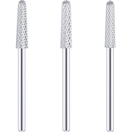 3 Pieces Nail Drill Bits Cone Shape Carbide Nail Drill Bits for Manicure Pedicure Tools Machine, 3/32 Inch Shank Size, Grit Size XF, F, M (Silver)