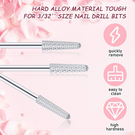 3 Pieces Nail Drill Bits Cone Shape Carbide Nail Drill Bits for Manicure Pedicure Tools Machine, 3/32 Inch Shank Size, Grit Size XF, F, M (Silver)