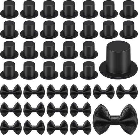 200 Pcs Include 100 Christmas Mini Top Hat Black Plastic Tiny Hats 100 Mini Satin Ribbon Bows Boutique Flower Bowknot Sewing Scrapbook DIY Snowman Crafting Project Wedding Birthday Party Decoration