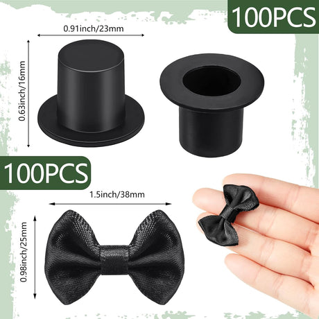 200 Pcs Include 100 Christmas Mini Top Hat Black Plastic Tiny Hats 100 Mini Satin Ribbon Bows Boutique Flower Bowknot Sewing Scrapbook DIY Snowman Crafting Project Wedding Birthday Party Decoration