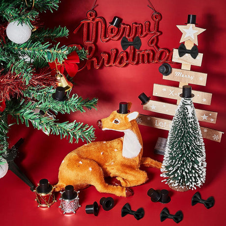 200 Pcs Include 100 Christmas Mini Top Hat Black Plastic Tiny Hats 100 Mini Satin Ribbon Bows Boutique Flower Bowknot Sewing Scrapbook DIY Snowman Crafting Project Wedding Birthday Party Decoration