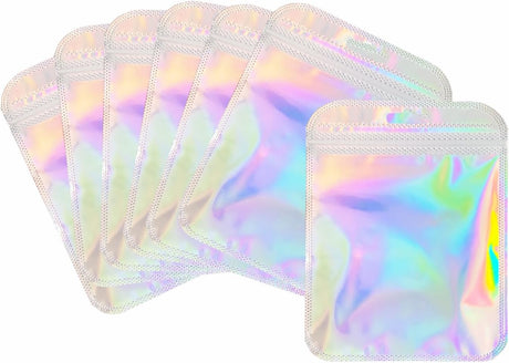 100 Pcs Holographic Resealable Packaging Bags for Small Business Supplies, Cute Small Color Smell Proof Bags Plastic Baggies for Lip Gloss Soap Party Food Storage 4x6inch