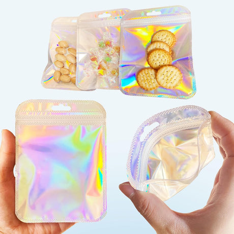 100 Pcs Holographic Resealable Packaging Bags for Small Business Supplies, Cute Small Color Smell Proof Bags Plastic Baggies for Lip Gloss Soap Party Food Storage 4x6inch