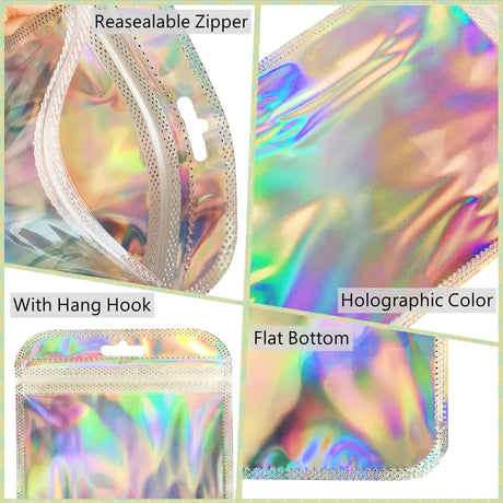100 Pcs Holographic Resealable Packaging Bags for Small Business Supplies, Cute Small Color Smell Proof Bags Plastic Baggies for Lip Gloss Soap Party Food Storage 4x6inch