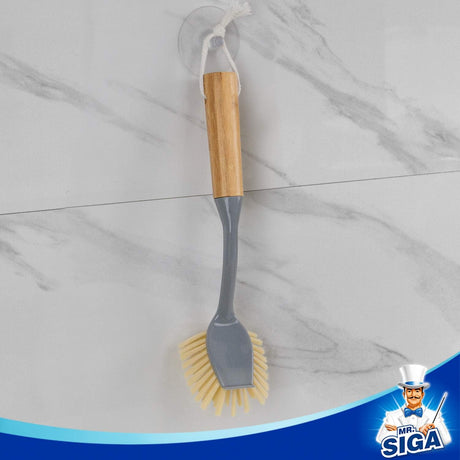 Dish Brush with Long Bamboo Handle Built-in Scraper, Scrub Brush for Pans, Pots, Kitchen Sink Cleaning, Pack of 2