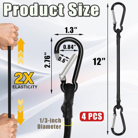 4 Pack Bungee Cords with Carabiner Outdoor Climbing Bounce Rope Elastic Tie Down Straps with Hooks Mini Short Bungee Straps Dual-Hook Design for Tents Cargo Kayak Boat Luggage (Black-12)