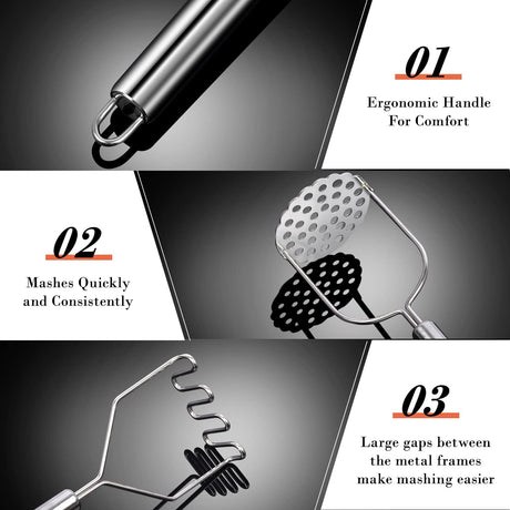 Potato Masher,  2 Pack Stainless Steel Integrated Kitchen Tool Food Masher for Potatoes, Vegetables, Berries, Fruits, Baby Food, Avocado
