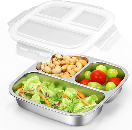 Stainless Steel Snack Containers With Lids, 3 Compartment Leak-proof Bento Box, 20 oz Reusable Grab and Go Food Storage Containers for School, Home, Office, and Camping, Dishwasher-Safe