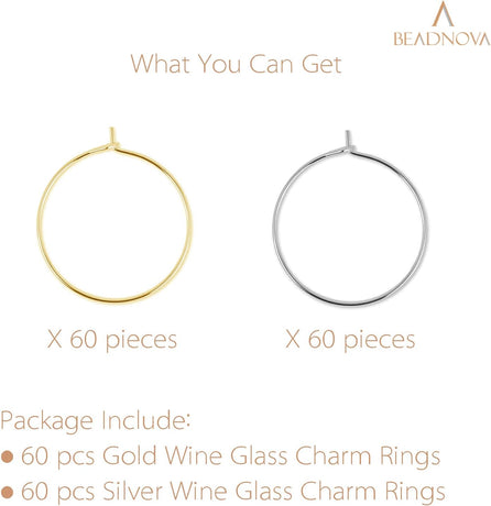 Wine Glass Charm Rings 120pcs Gold and Silver Plated 25mm Beading Charm Rings Wine Glass Marker for Birthday Party Wedding Festival Favor