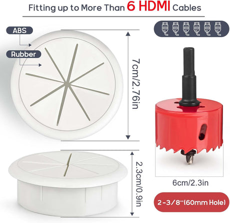 6Pcs TV Cord Hider for Wall Mounted TV 2.36in (60mm) TV Wire Hider Cable Grommet Cable Hole Cover with Hole Saw Drill Attachment, in Wall Cable Management Kit for Office and Home Table Cable