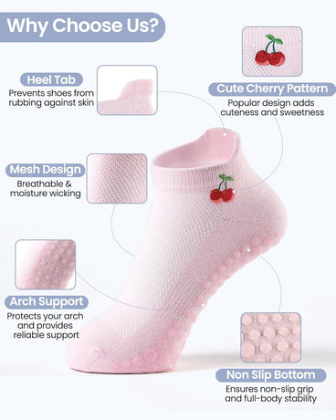 6 Pairs Grip Pilates Socks for Women, Grippy Non Slip Yoga Socks, Cute Cherry Grip Socks for Barre, Hospital, Athletic, Barefoot and Workout